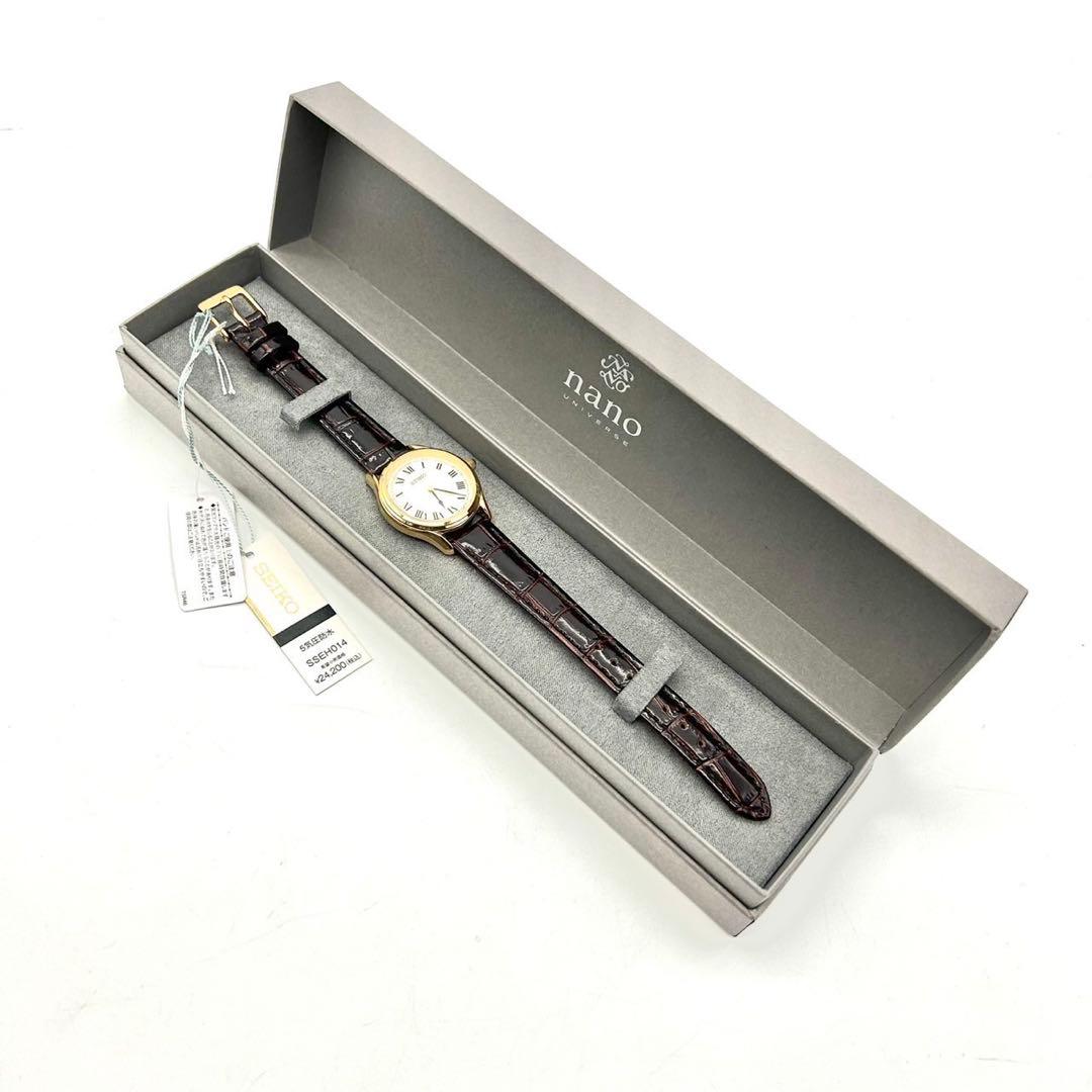 未使用 セイコー ナノユニバース コラボ 腕時計 クオーツ Wネーム レザー 金