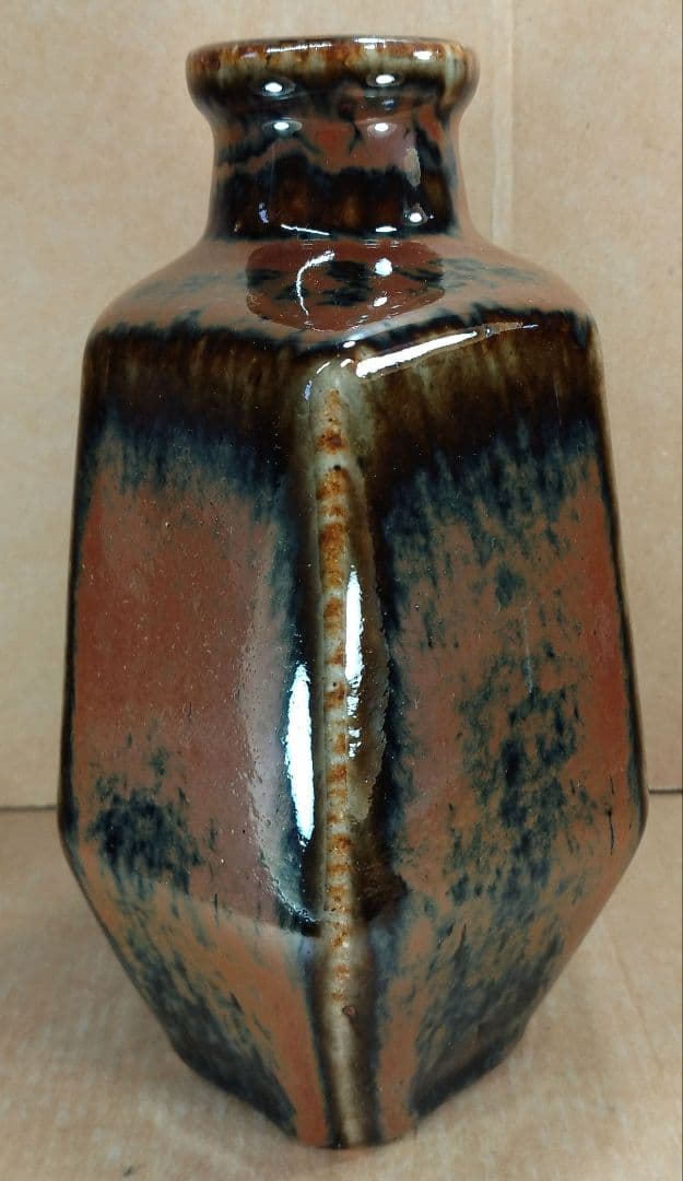 ポコ！河井寛次郎 柿釉六角扁壷 河井敏孝識箱 美品 民藝の巨匠