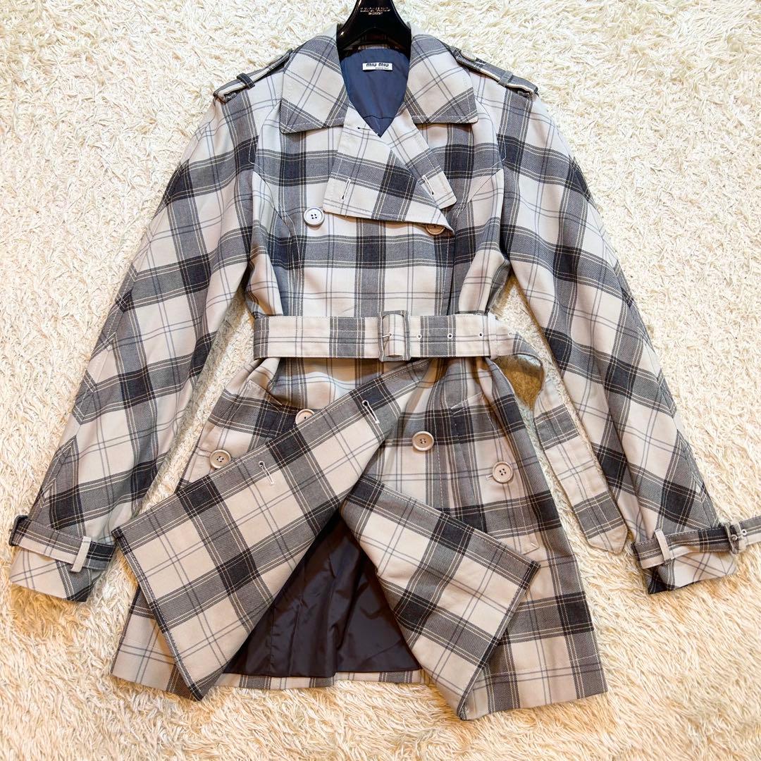 【希少極美品✨️miumiu】 イタリア製 チェック ウール トレンチコート M