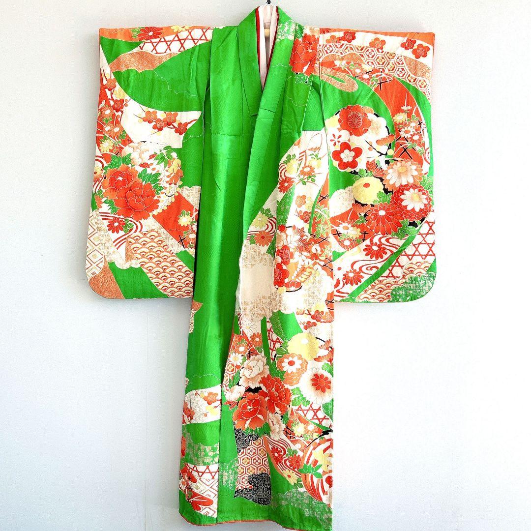 セット　七五三　7歳　女の子　長着＆袖なし長襦袢＆帯＆草履＆バッグ＆小物　緑