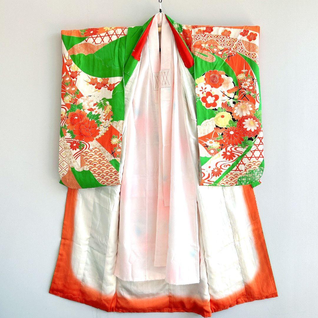 セット　七五三　7歳　女の子　長着＆袖なし長襦袢＆帯＆草履＆バッグ＆小物　緑