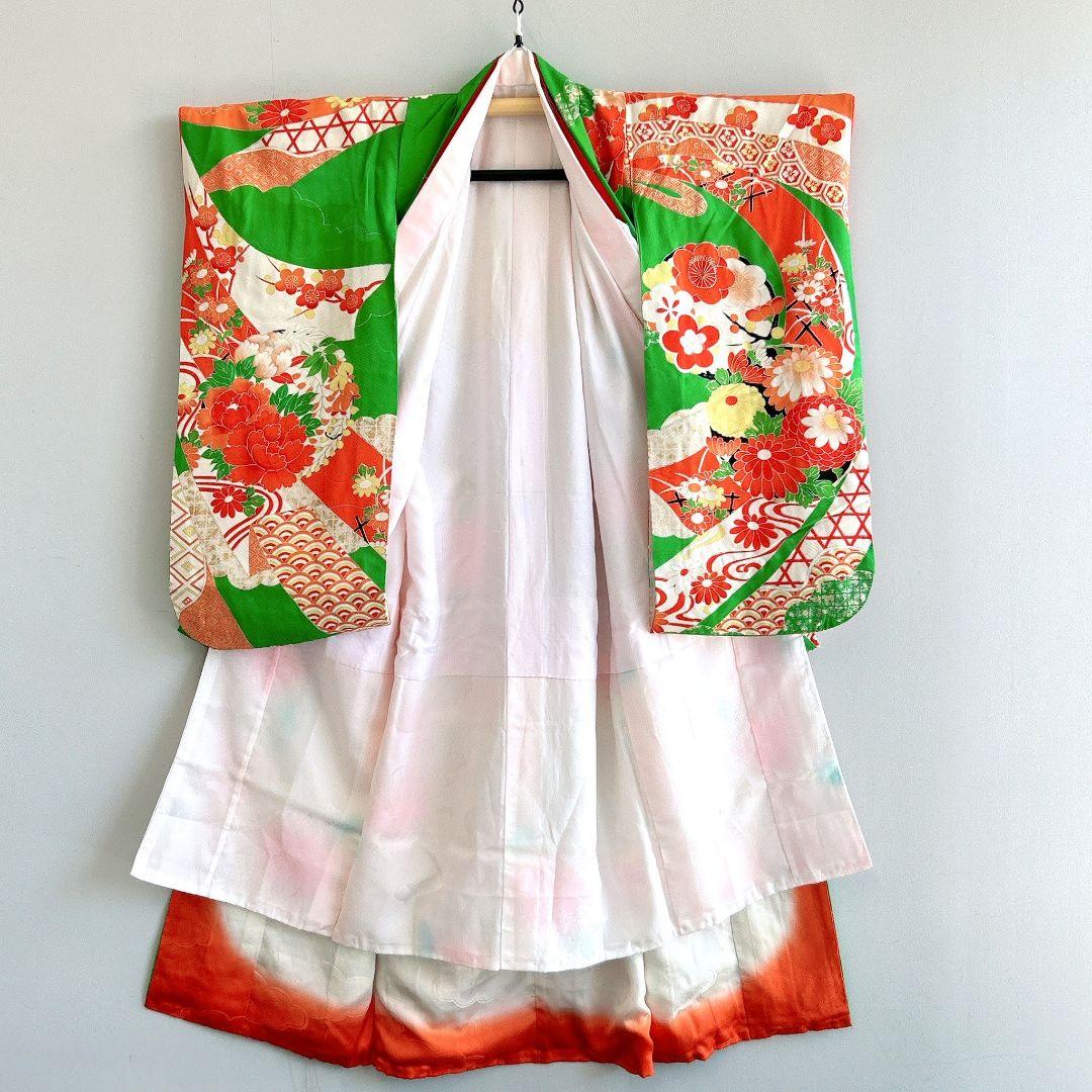 セット　七五三　7歳　女の子　長着＆袖なし長襦袢＆帯＆草履＆バッグ＆小物　緑