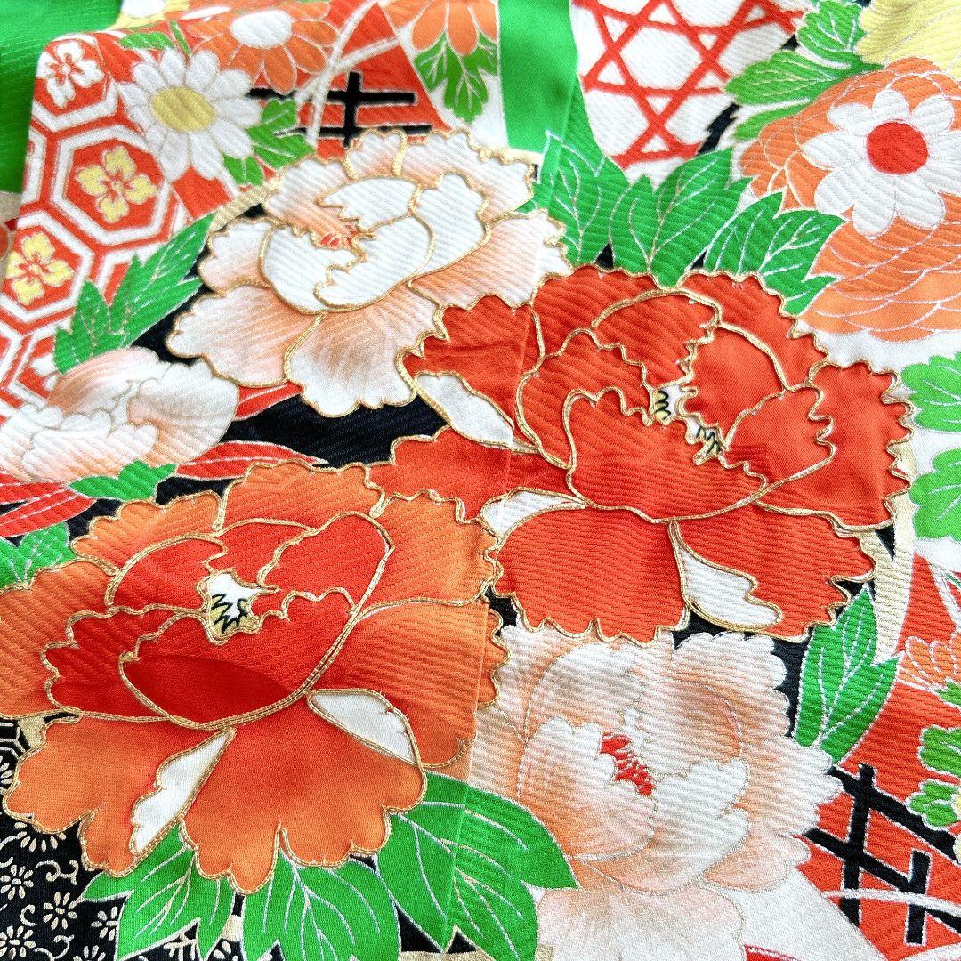 セット　七五三　7歳　女の子　長着＆袖なし長襦袢＆帯＆草履＆バッグ＆小物　緑