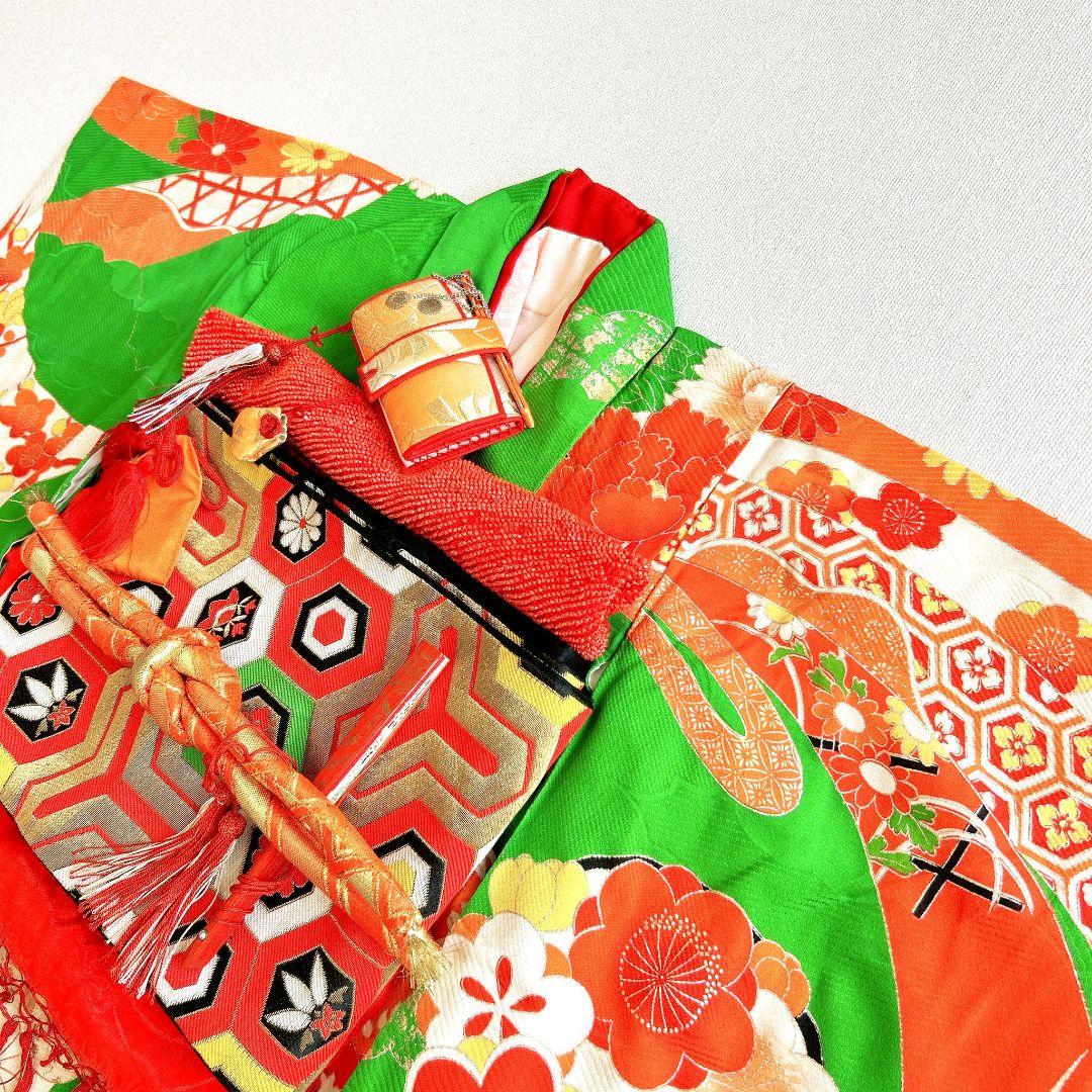 セット　七五三　7歳　女の子　長着＆袖なし長襦袢＆帯＆草履＆バッグ＆小物　緑