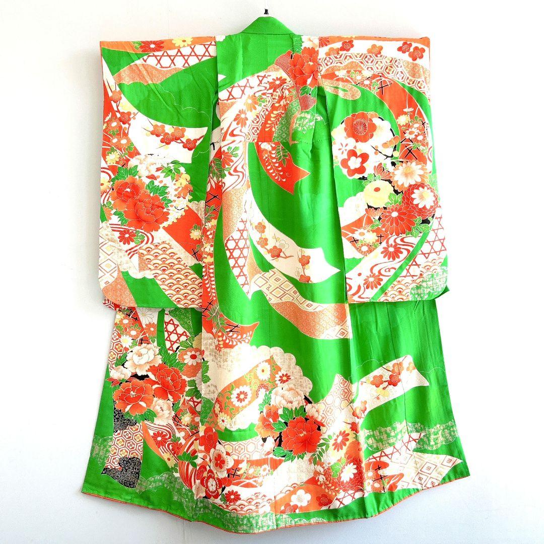 セット　七五三　7歳　女の子　長着＆袖なし長襦袢＆帯＆草履＆バッグ＆小物　緑