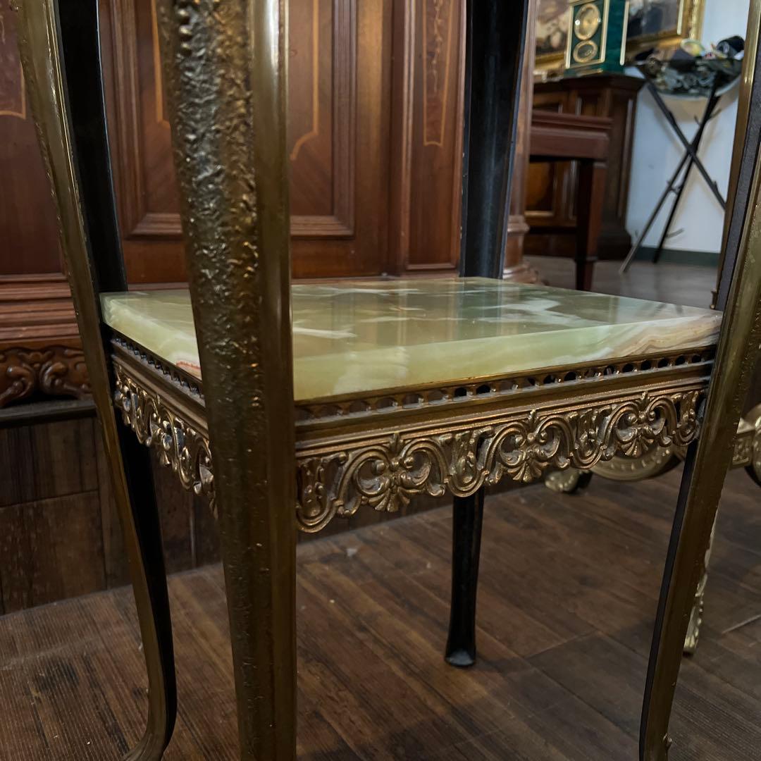 k079r118 イタリア製 大理石コンソールテーブル グリーン系 真鍮脚 2段
