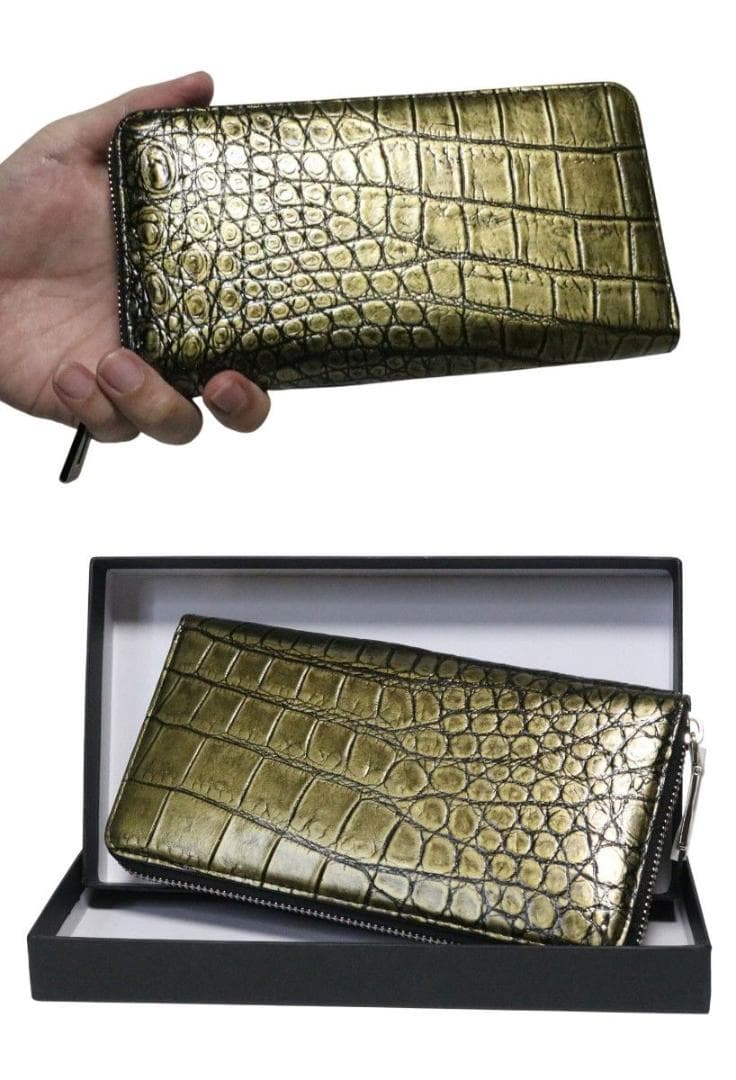 17a メタル加工 クロコダイル 長財布 メンズ レディース ラウンドジップ 金