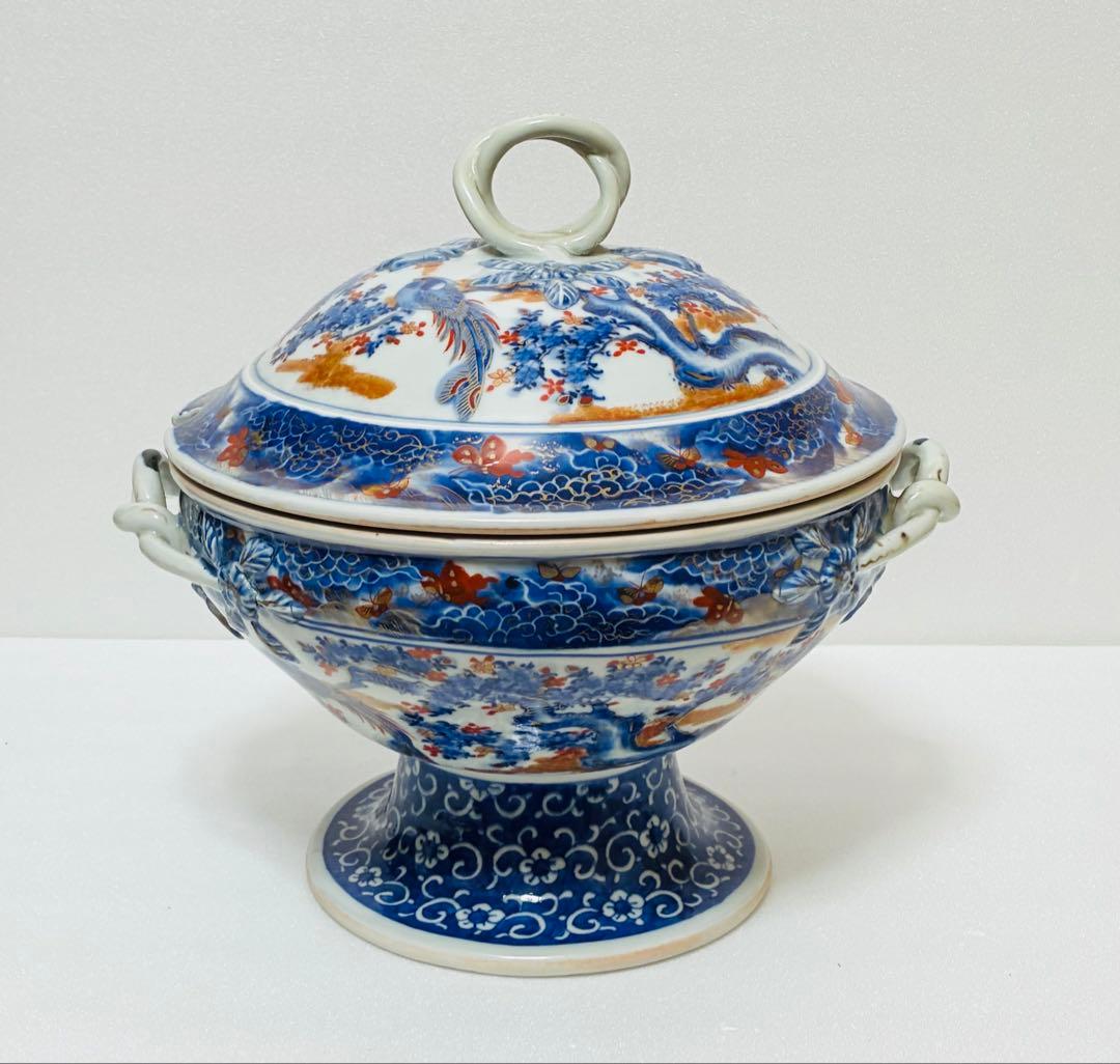 希少 明治有田焼 初代 南里嘉十 染錦上絵金彩花鳥文 スープチューリン