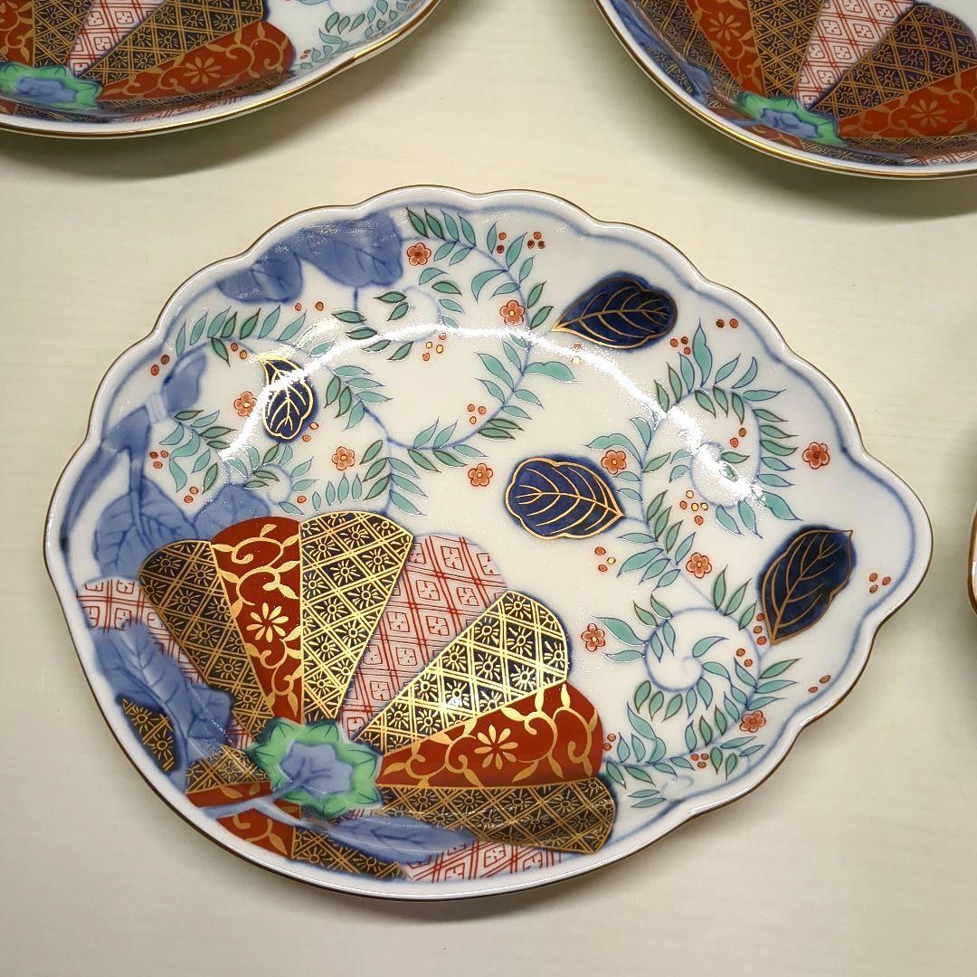 賞美堂　其泉窯　鮑型　金彩色絵菊花唐草紋　和皿揃　中皿５枚