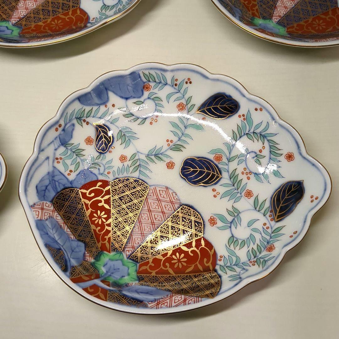 賞美堂　其泉窯　鮑型　金彩色絵菊花唐草紋　和皿揃　中皿５枚