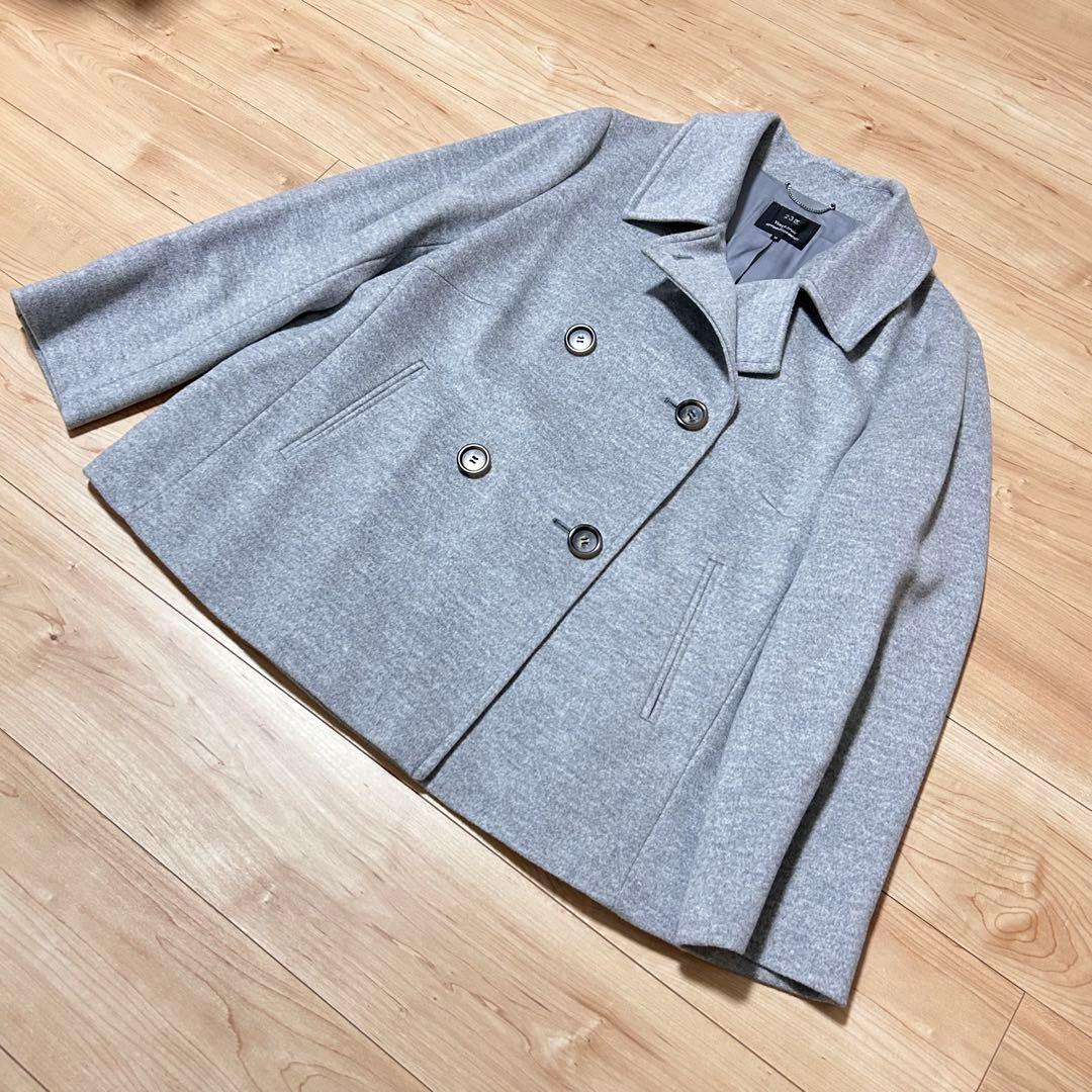 【美品】大きいサイズ 23区 ピーコート ダブルブレスト ライトグレー アンゴラ