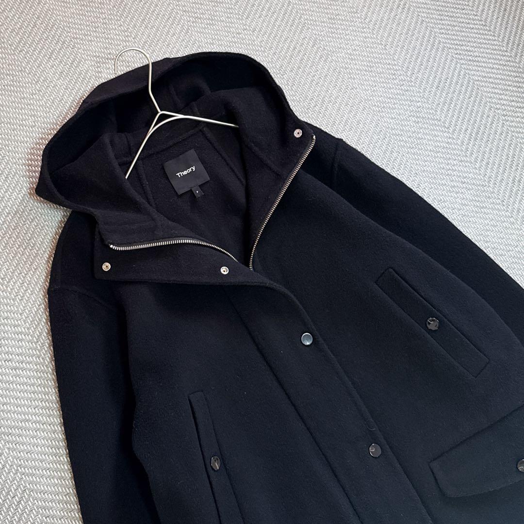 美品 Theory カシミヤ混 ダブルフェイス フード付き コート ブラック M
