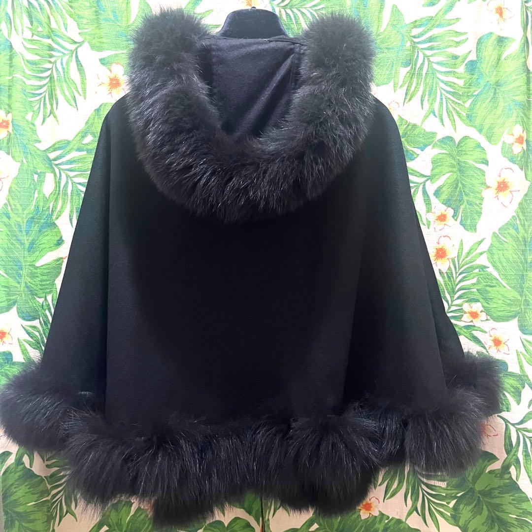 美品☆サガファーカシミヤ100%ポンチョフード付きブルーフォックス2way