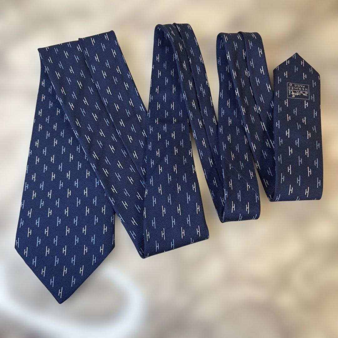 【ファソネ✨】HERMES ネクタイ　ブルー　青　刺繍　ファソネ　H柄