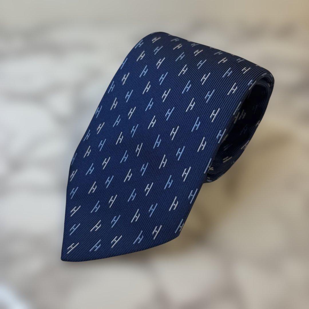 【ファソネ✨】HERMES ネクタイ　ブルー　青　刺繍　ファソネ　H柄