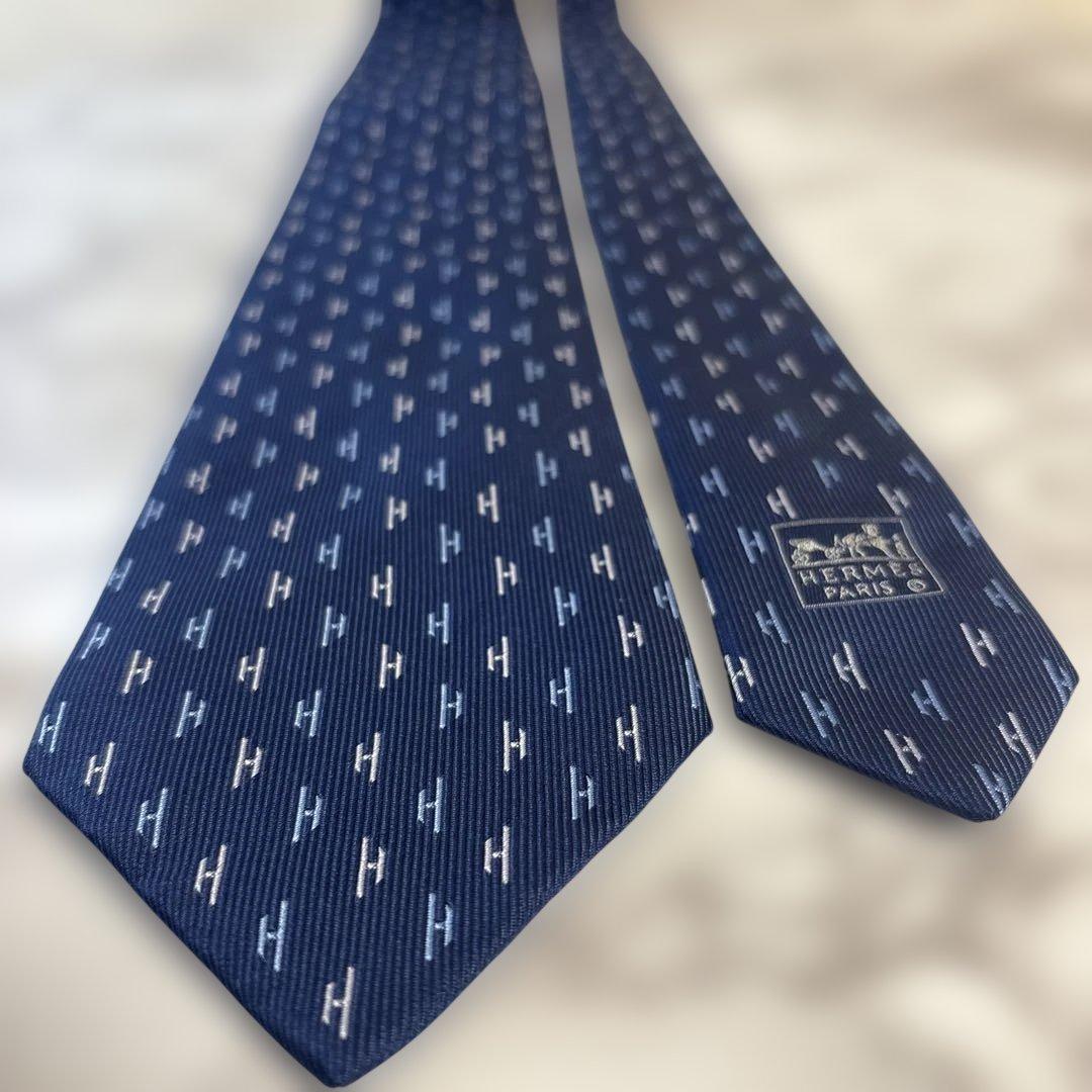 【ファソネ✨】HERMES ネクタイ　ブルー　青　刺繍　ファソネ　H柄