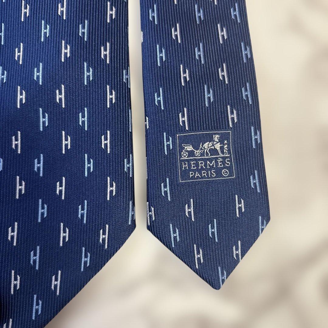【ファソネ✨】HERMES ネクタイ　ブルー　青　刺繍　ファソネ　H柄