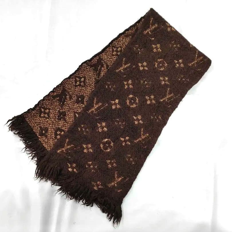 ルイヴィトン ロゴマニア シャイン マフラー 茶 ウール×シルク d32