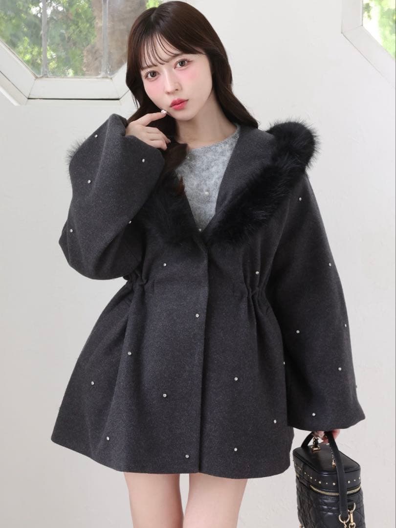 NICE CLAUP ビジュー付きミドル丈コート