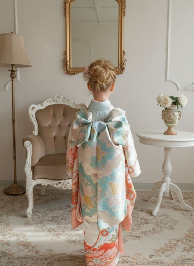 専用です☆アンティーク白に鹿の子模様の着物と白系だらり帯セット