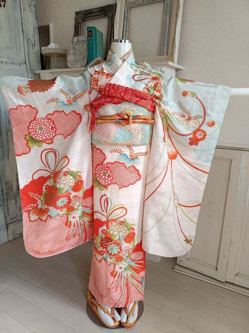 専用です☆アンティーク白に鹿の子模様の着物と白系だらり帯セット