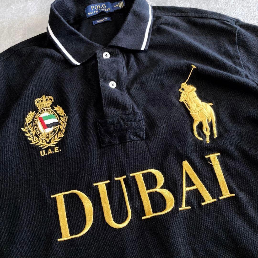 ポロラルフローレン 鹿の子 半袖ポロシャツ ドバイ ビッグポニー 金刺繍 黒 L