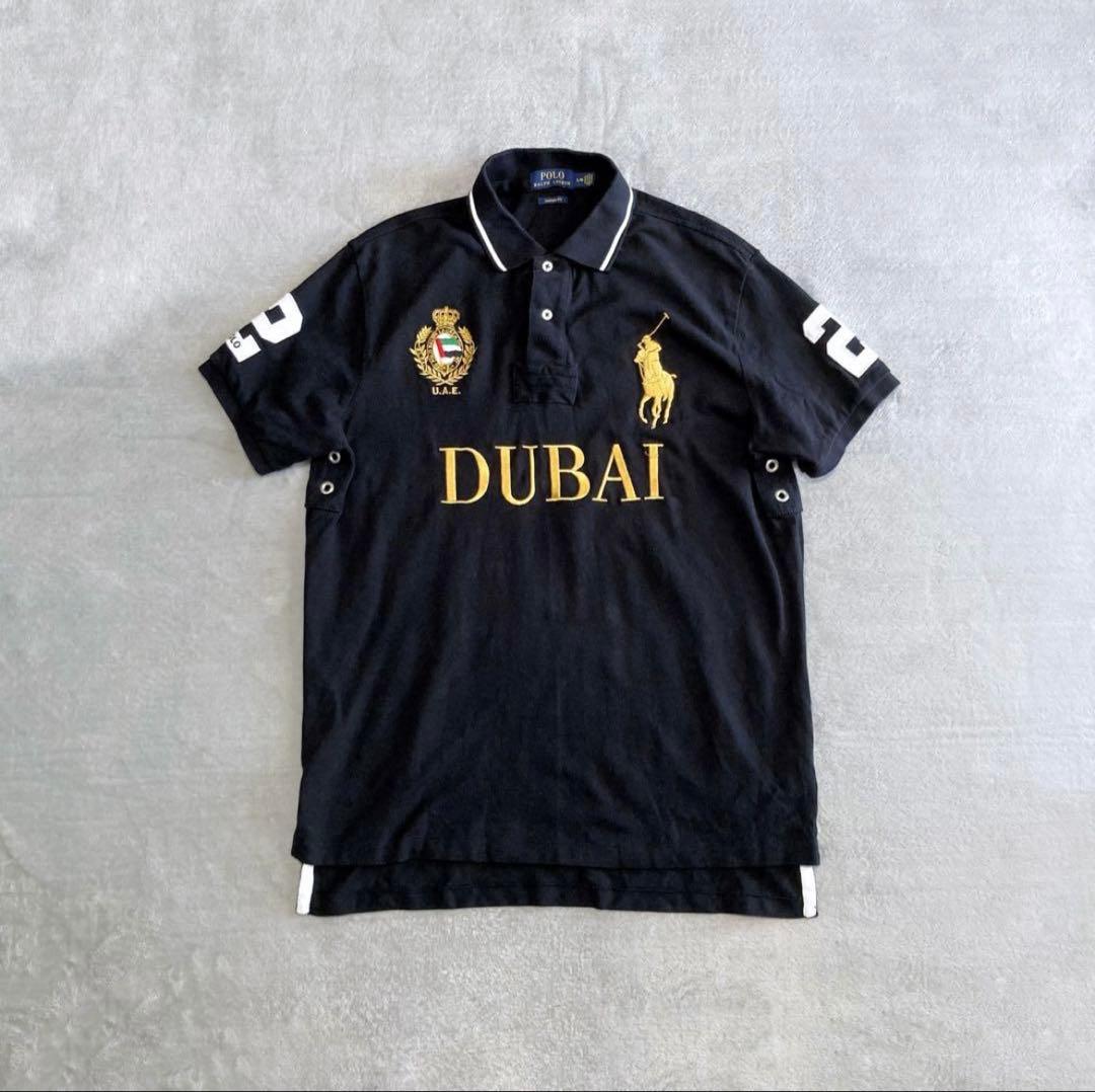 ポロラルフローレン 鹿の子 半袖ポロシャツ ドバイ ビッグポニー 金刺繍 黒 L