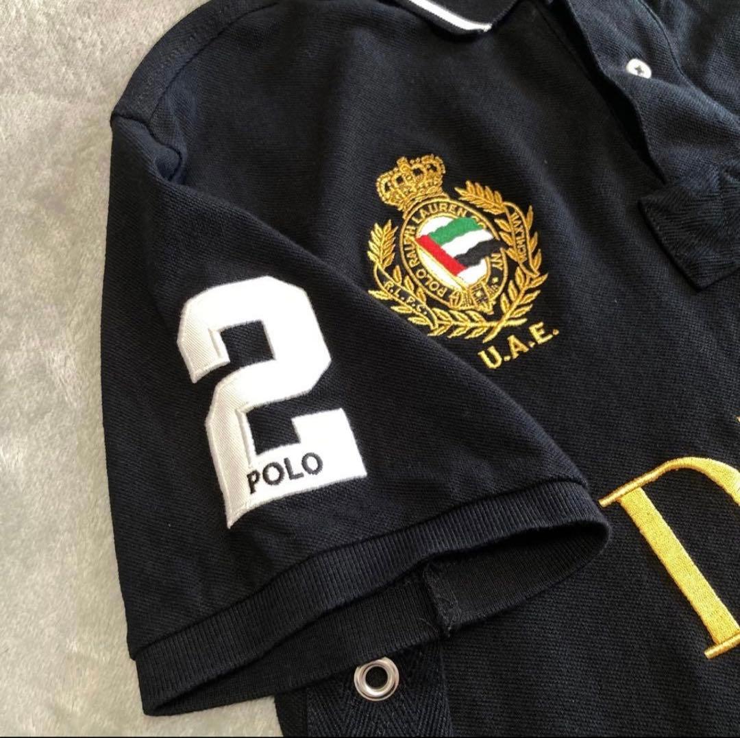 ポロラルフローレン 鹿の子 半袖ポロシャツ ドバイ ビッグポニー 金刺繍 黒 L