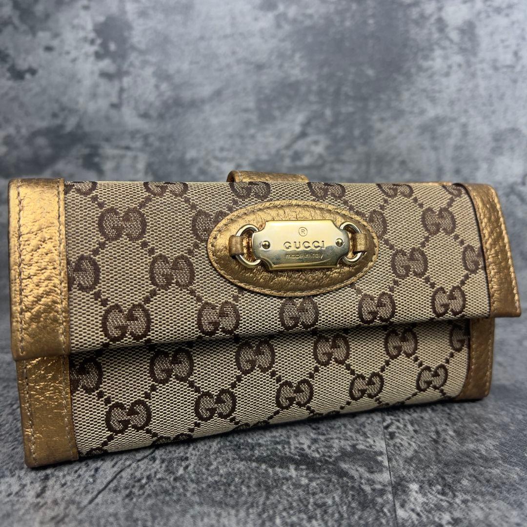 GUCCI GG柄 キャンバス×レザー 長財布 ゴールド金具