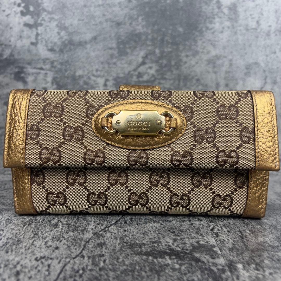 GUCCI GG柄 キャンバス×レザー 長財布 ゴールド金具