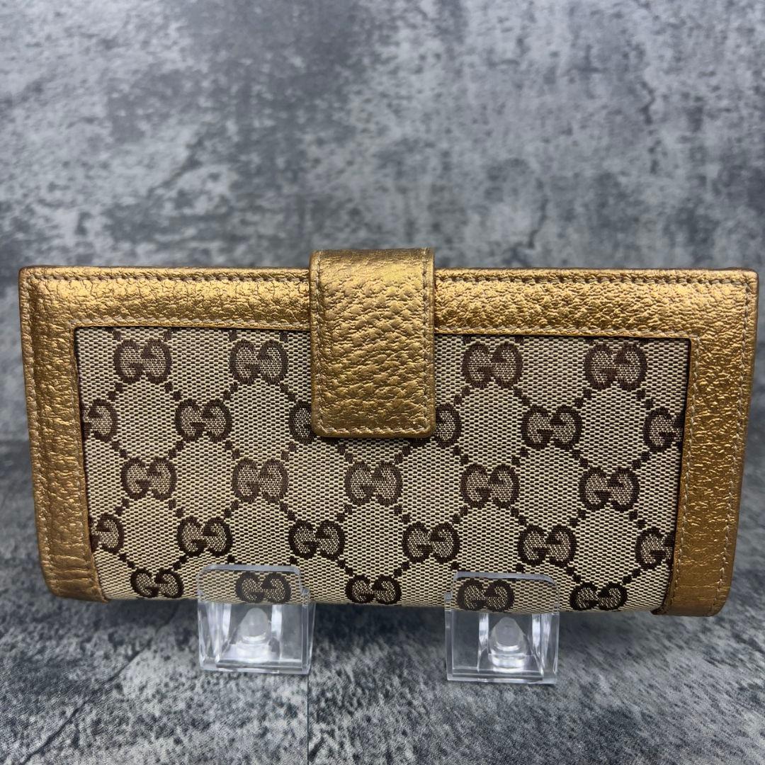 GUCCI GG柄 キャンバス×レザー 長財布 ゴールド金具