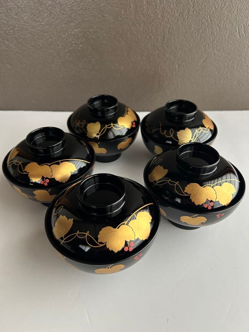蓋付き吸い物椀 会津塗 伝統工芸 正月椀 蒔絵 金彩 漆器椀 5 客セット