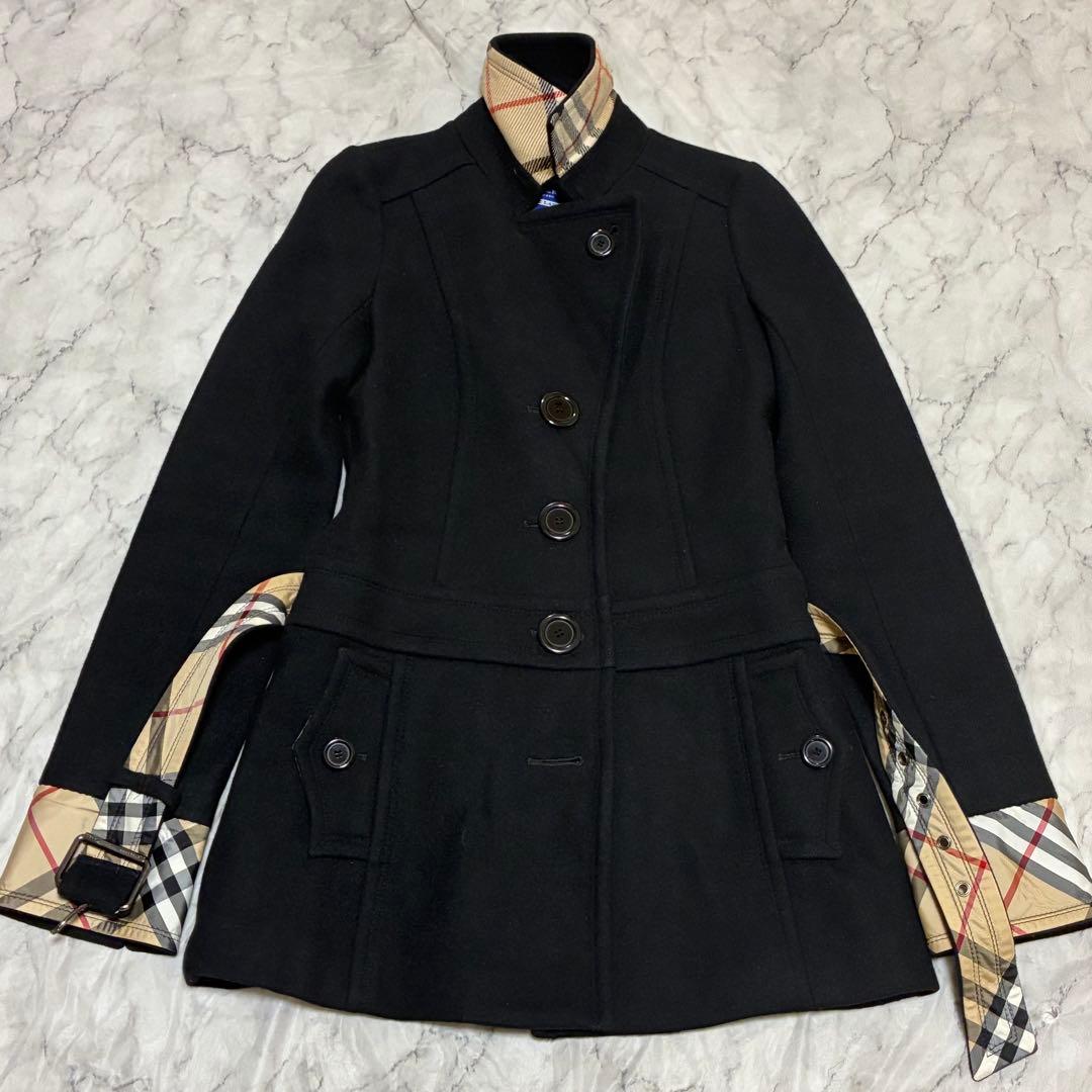 BURBERRY 美品 ノバチェック ベルト付 メルトン コート 黒 ブラック
