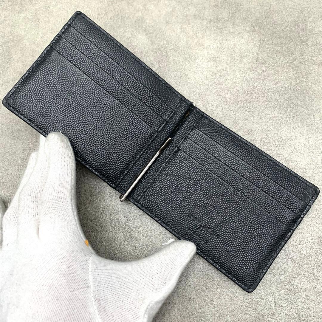 SAINT LAURENT マネークリップ 二つ折り財布 シボ革 メンズ 札入れ