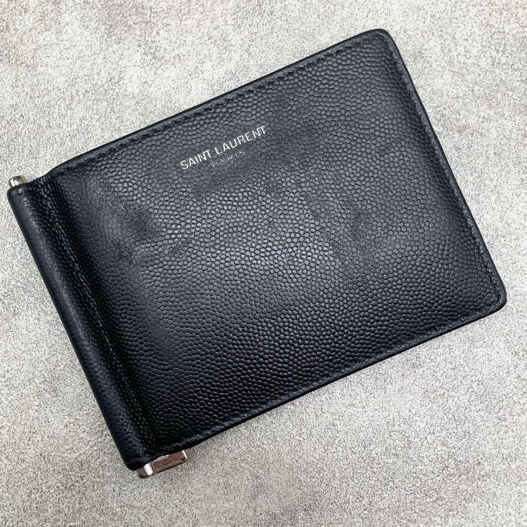 SAINT LAURENT マネークリップ 二つ折り財布 シボ革 メンズ 札入れ