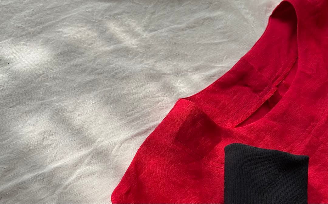 【なないろ（プロフ必須） ページ】linen ＊リブ袖口かっぽう着ワンピ