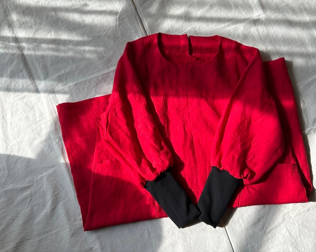 【なないろ（プロフ必須） ページ】linen ＊リブ袖口かっぽう着ワンピ