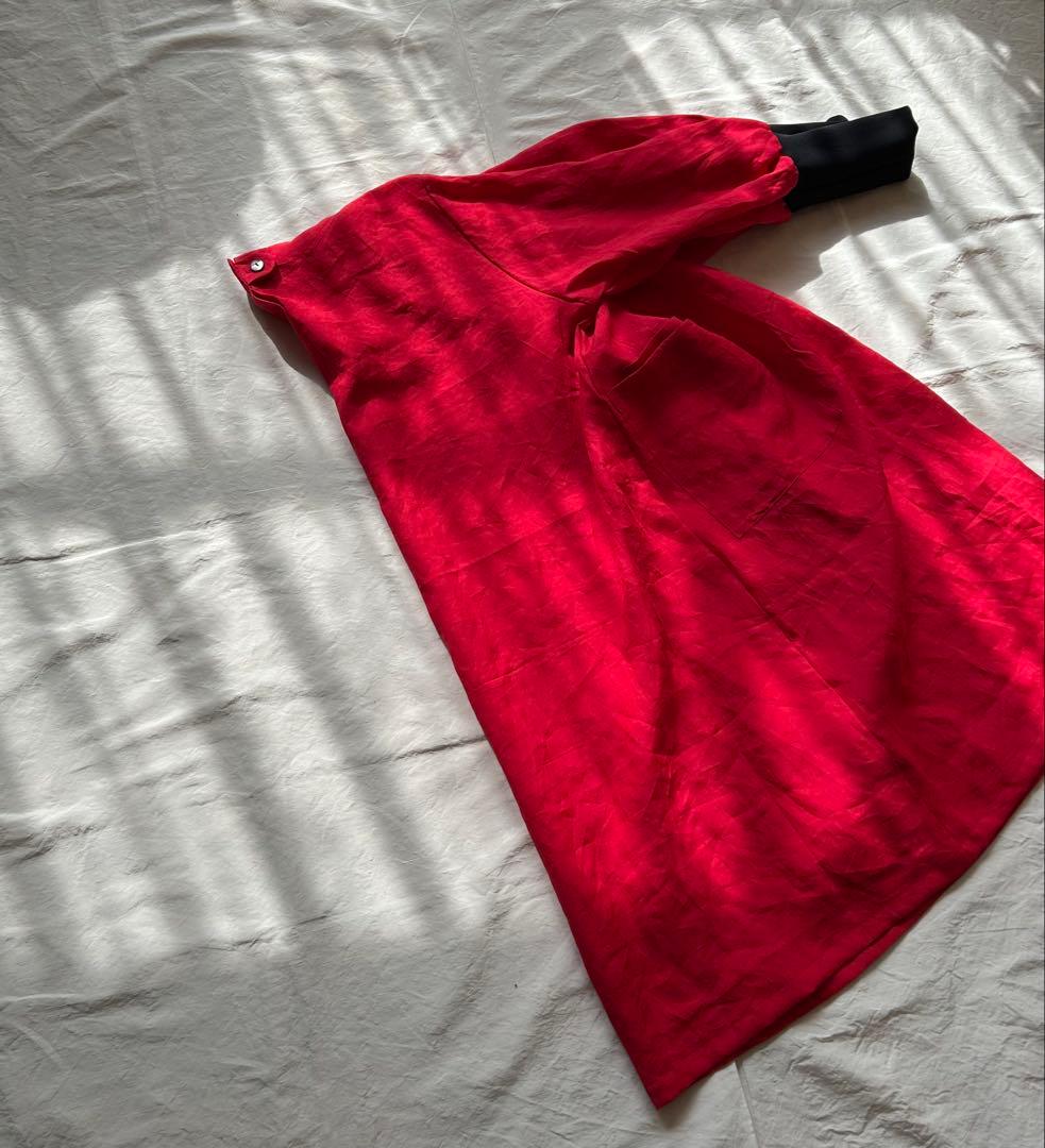 【なないろ（プロフ必須） ページ】linen ＊リブ袖口かっぽう着ワンピ