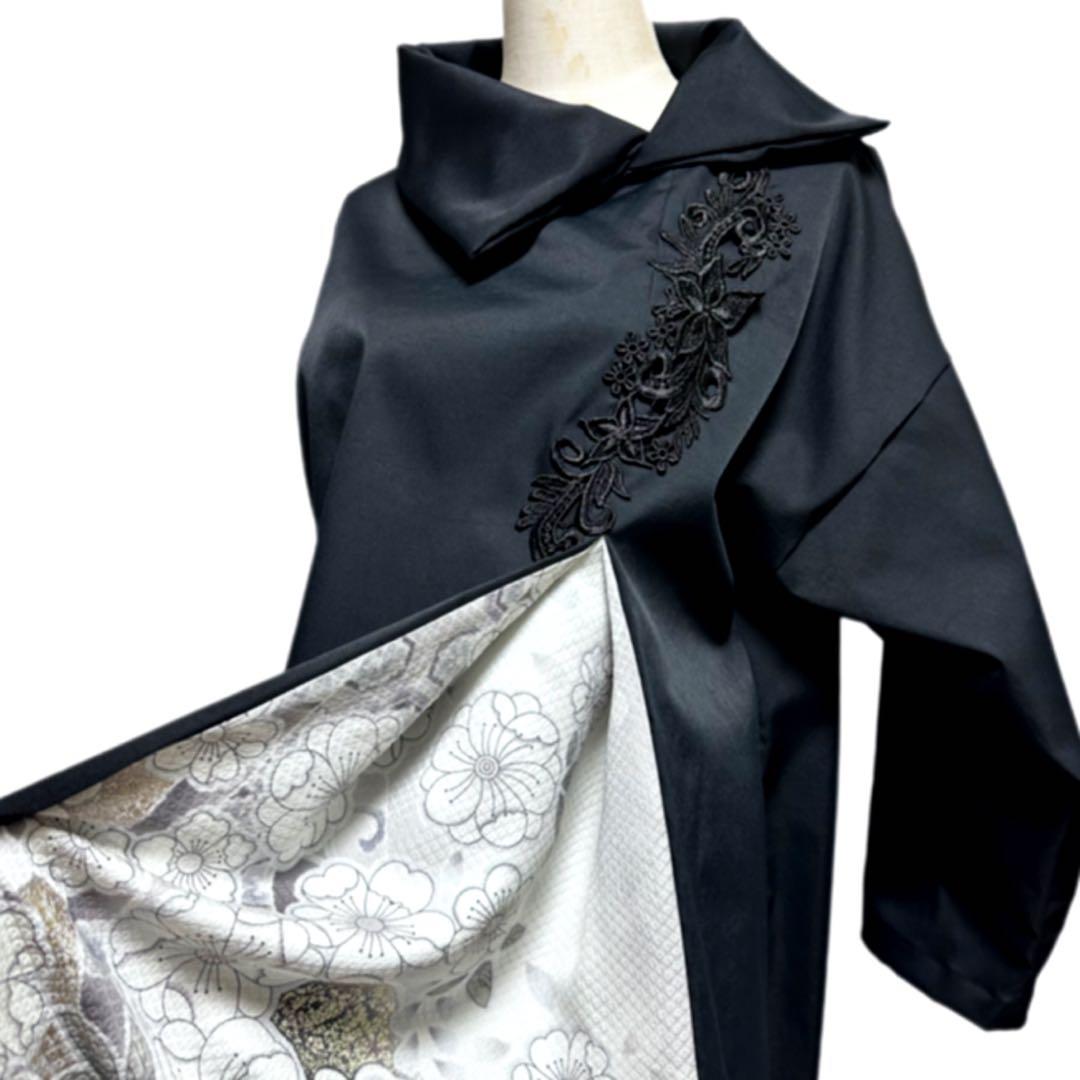 振袖　着物リメイク　ドレス　黒×金彩入り辻が花　和柄　ワンピース　ハンドメイド