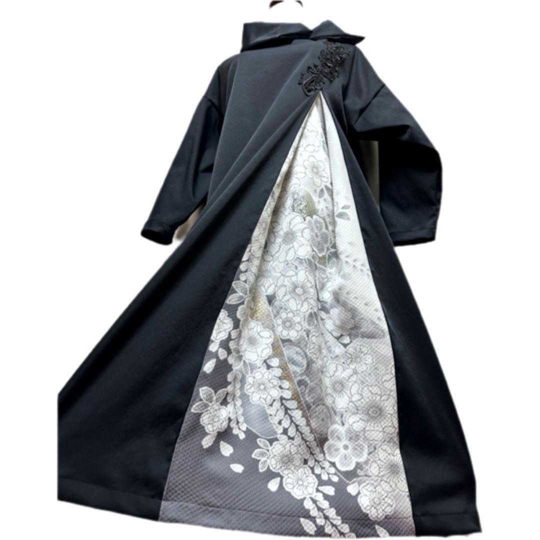 振袖　着物リメイク　ドレス　黒×金彩入り辻が花　和柄　ワンピース　ハンドメイド