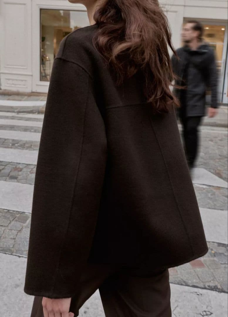 年内12/24迄　ZARA　ウールショートスカーフコート　Lサイズ　ブラウン