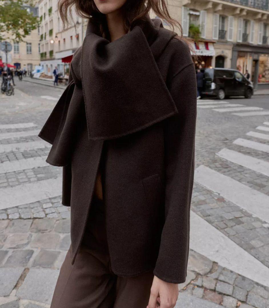 年内12/24迄　ZARA　ウールショートスカーフコート　Lサイズ　ブラウン