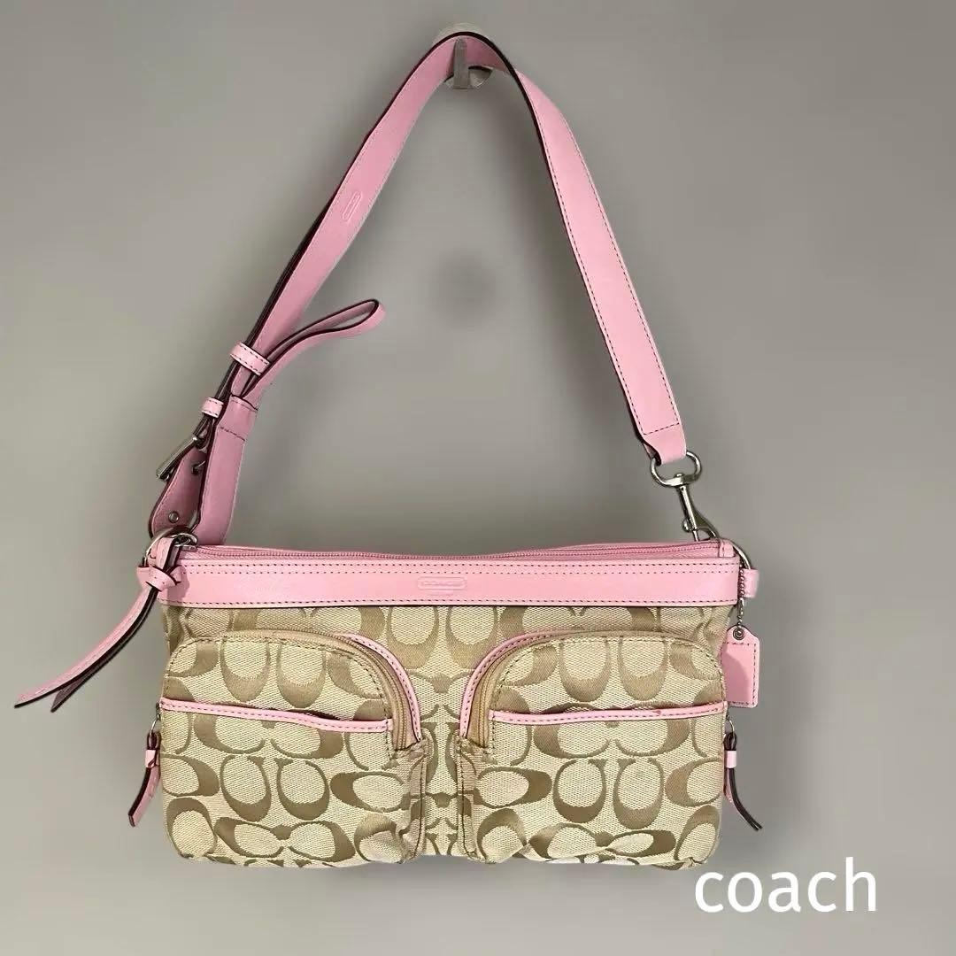 美品✨coach シグネチャー　ワンショルダー　ピンク　2ポケット