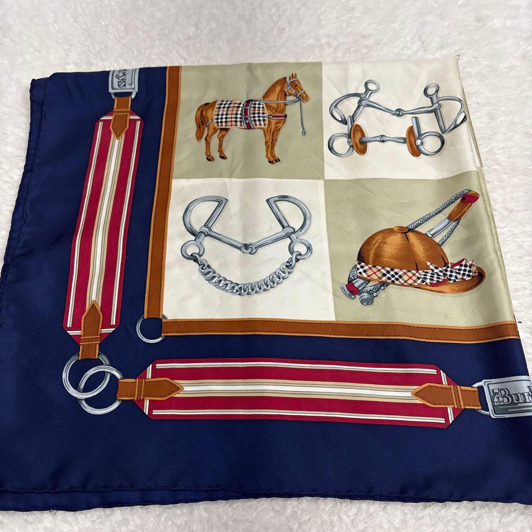 バーバリー超レア◆ビンテージ定番ノバチェック盛装馬＆馬具柄シルク大判スカーフ