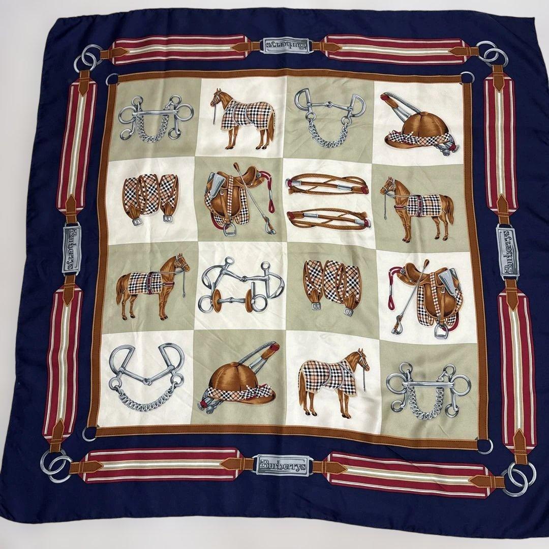 バーバリー超レア◆ビンテージ定番ノバチェック盛装馬＆馬具柄シルク大判スカーフ