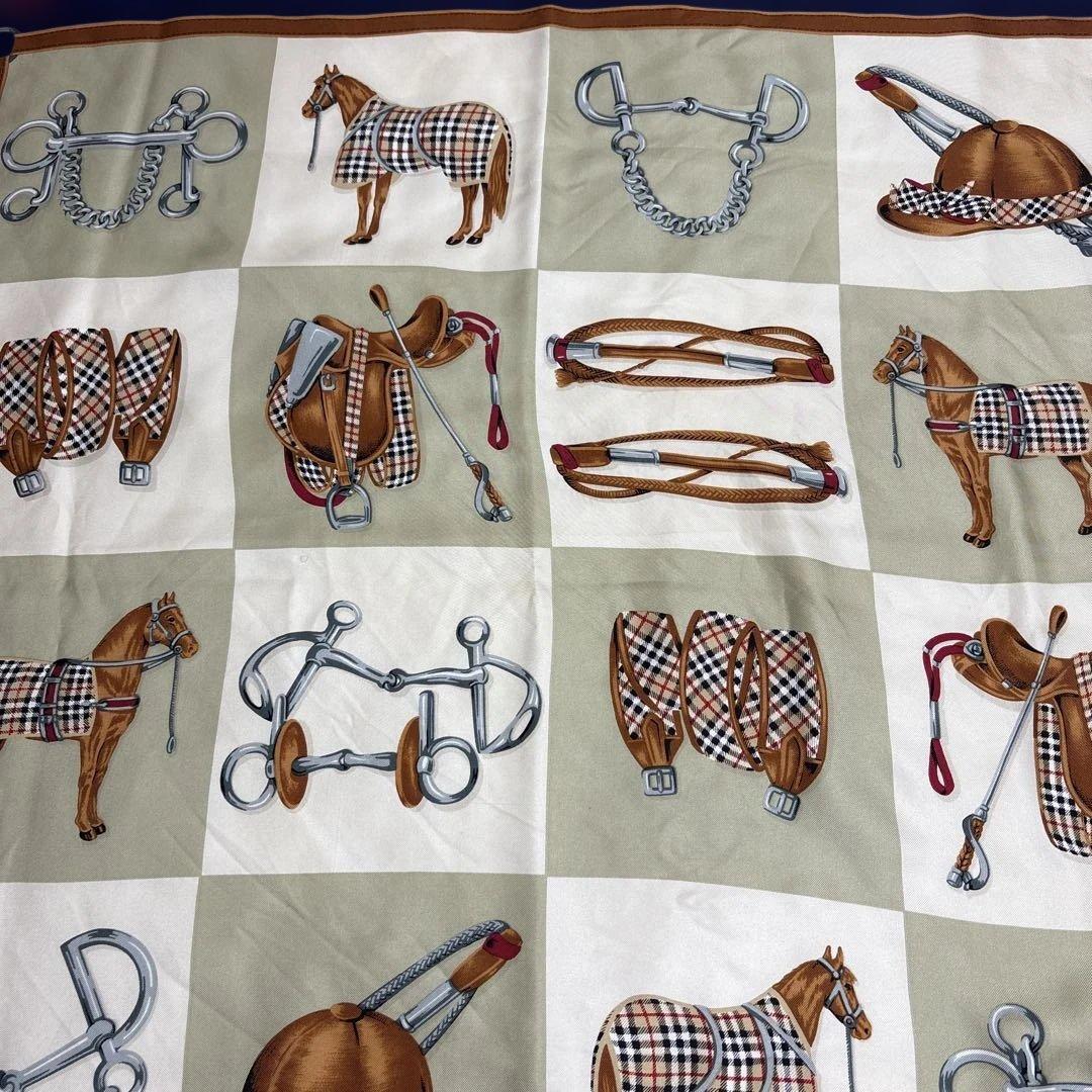 バーバリー超レア◆ビンテージ定番ノバチェック盛装馬＆馬具柄シルク大判スカーフ