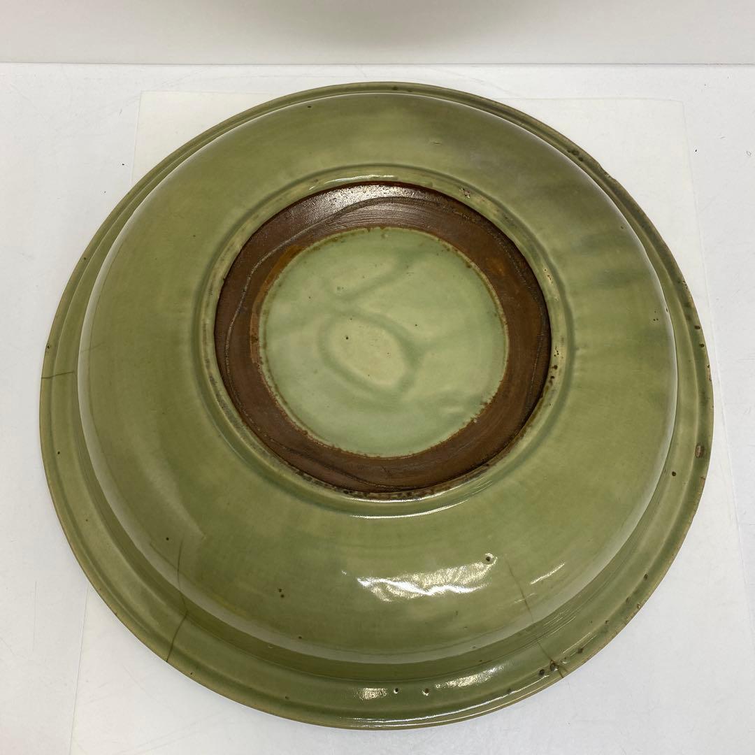 江戸初期　初期伊万里　青磁大皿　木箱付　幅約38.2㎝　東さ8-0104①