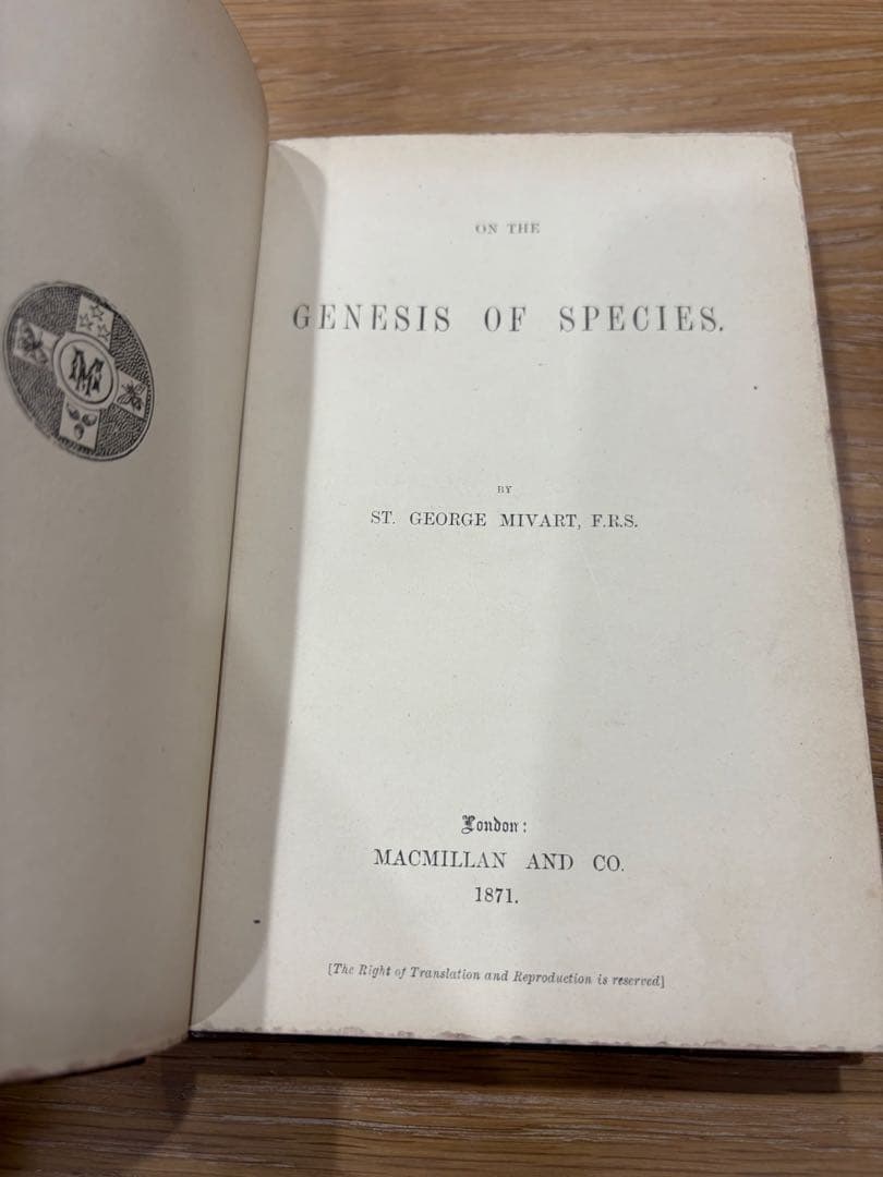 洋書 THE GENESIS OF SPECIES MIVART 1871