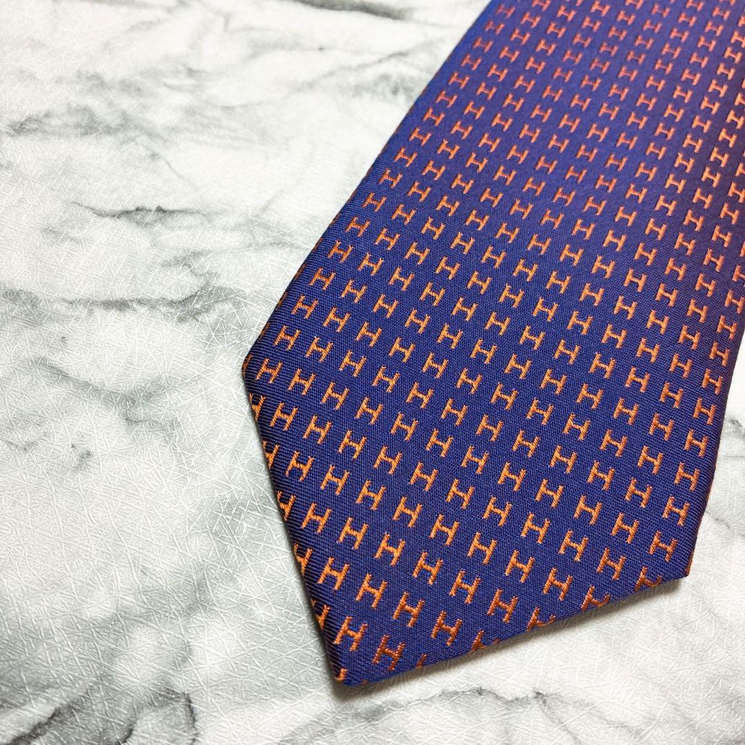 未使用！HERMES エルメス　ファソネ　H柄 パープル×オレンジ　現行ネクタイ