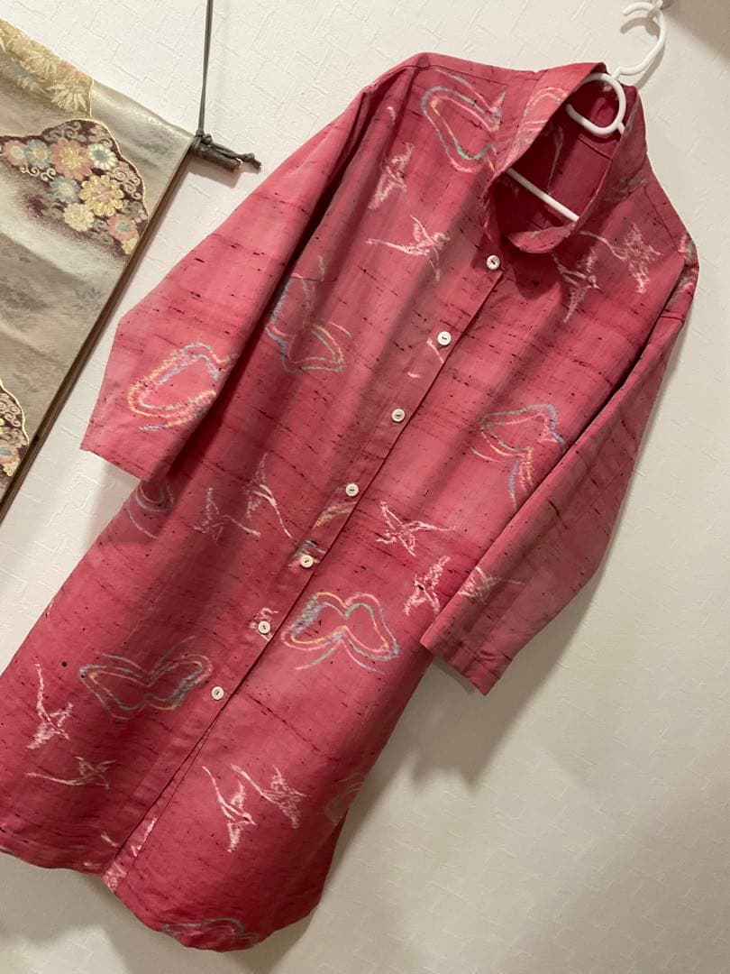 着物リメイク❣️ぴんくの紬からシャツカラーコート❣️
